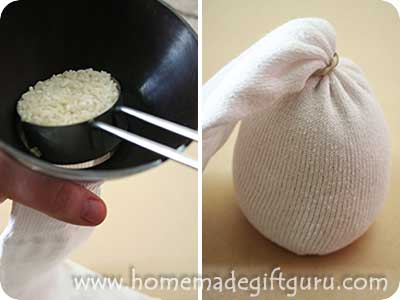 To start this sock craft, fill the sock with around 2 cups of rice...