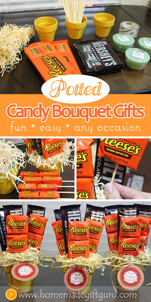 Cute, easy and versatile... these potted candy bouquet arrangements make SWEET gifts! #easyhomemadegifts #teachergifts #thanksgivingprintables #diy #smallcandybouquets #candybouquetinstructions