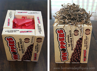 Floral foam and a bit of paper shred gives your homemade vase a nice finish. Next up, arranging the snacks in your homemade food bouquet!