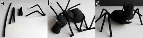 Here is how to add eight legs to your Halloween sock spider. Using pipe cleaners/chenille stems for the legs allow them to be molded into place as needed.