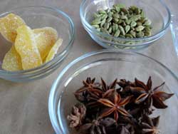 Delicious and beautiful whole cardamom, anise and crystallized ginger