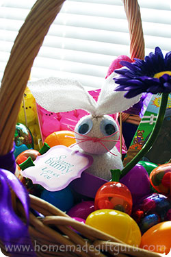 Ideas for giving sock bunnies for homemade gifts... Snuggle your homemade bunny inside an Easter basket and surround it with Easter eggs and treats.