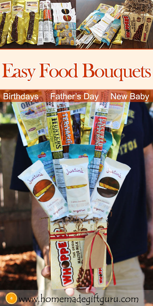 DIY snack food bouquets! Sweet, salty and yummy, they make impressive birthday gifts, gifts for Father's Day and gifts for new parents! #babyshowergiftsformom #fathersday #homemadegifts #giftsforguys