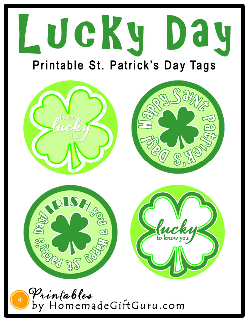 These 2 inch sized round four leaf clover themed craft and gift tags are perfect for Saint Patrick's Day gift bags or any special treat or gift you might want to give to someone special.
