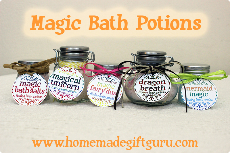 Each magical fizzy bath salt potion features a fantasy creature theme, such as Magical Unicorn, Fairy Dust, Dragon Breath or Mermaid Magic. Free printables.