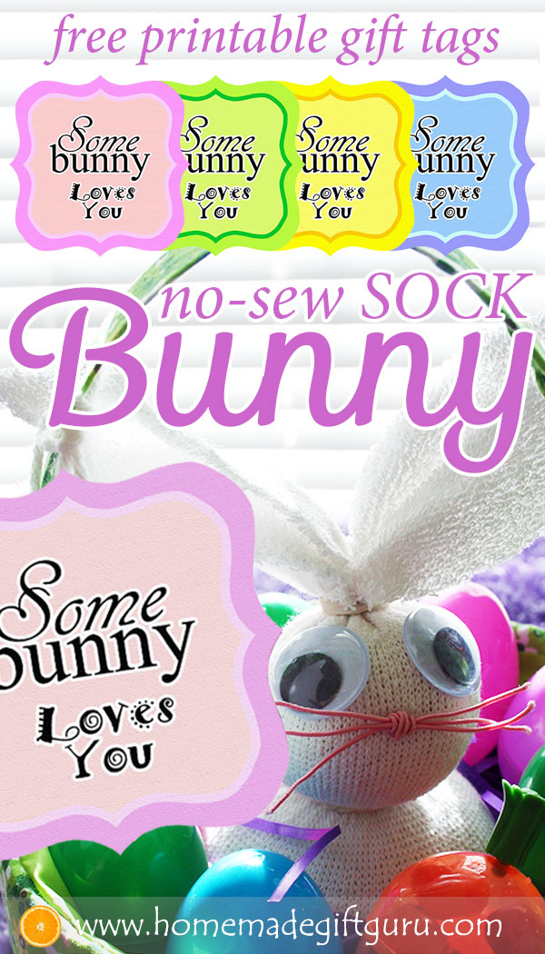 Make a no-sew sock bunny for some-BUNNY special to you and put it inside your next homemade Easter basket! So cute :) #EasterGiftIdeas #Eastercrafts #easysockbunny #sockbunnytutorial #nosewsockbunny