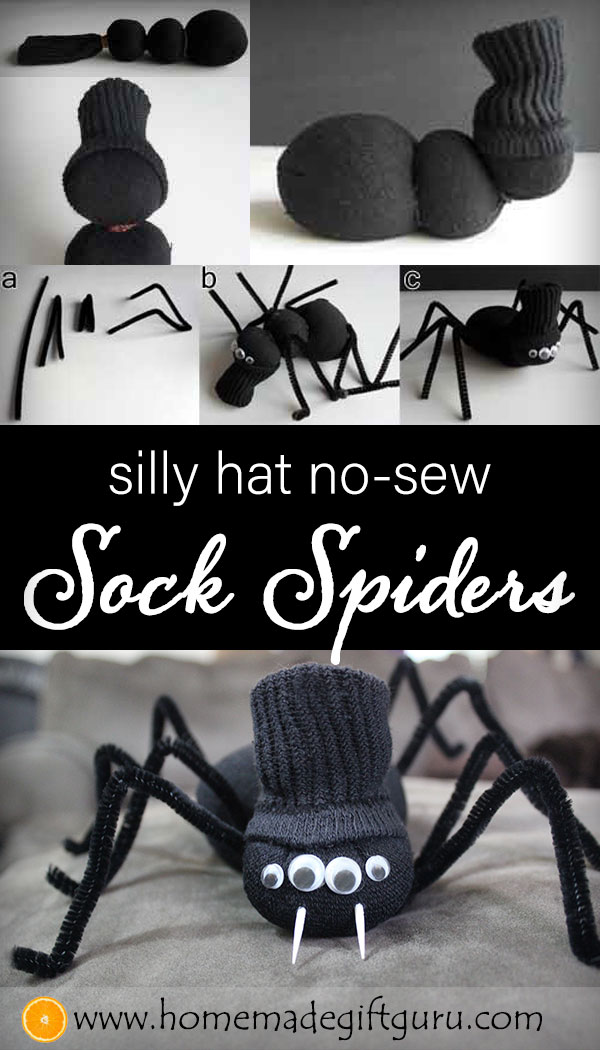 DIY Halloween sock spiders make quirky cute homemade gifts, silly Halloween party decorations and fun craft projects! #nosew #halloweencrafts #sockcrafts #sockanimals #quirky #easy #silly